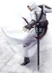  altair_ibn_la-ahad assassin's_creed assassin's_creed_(series) blade gauntlets gloves highres hood knife looking_back male_focus sheath sheathed solo sword vambraces weapon 