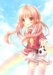  :d antenna_hair cloud highres hoshisaki_yume neon_(nipponbashi_project) nipponbashi_project open_mouth outstretched_arm rainbow reaching red_eyes red_hair school_uniform serafuku sky smile solo star thighhighs zettai_ryouiki 