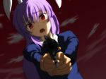  aiming_at_viewer animal_ears bad_id bad_pixiv_id blush bunny_ears gun holding holding_gun holding_weapon kuruji purple_hair red_eyes reisen_udongein_inaba solo tears touhou weapon 