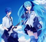  1girl akiyoshi_(tama-pete) aqua_eyes aqua_hair bad_id bad_pixiv_id blue_eyes blue_hair cloud day guitar hatsune_miku instrument kaito long_hair microphone music necktie school_uniform singing skirt sky smile striped striped_legwear thighhighs twintails very_long_hair vocaloid zettai_ryouiki 