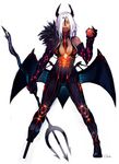  :p absurdres apple armor breasts cleavage dark_skin demon_girl elbow_gloves food fruit gloves gpnet hair_over_one_eye highres horns large_breasts long_hair original pegleg pitchfork polearm red_eyes saliva signature simple_background smile solo standing tongue tongue_out trident weapon white_hair wings 