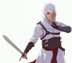  altair_ibn_la-ahad assassin's_creed assassin's_creed_(series) blue_eyes fingerless_gloves gloves hood male_focus scar solo sword weapon 