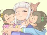  closed_eyes ebinera face futami_ami futami_mami hug idolmaster idolmaster_(classic) multiple_girls one_eye_closed shijou_takane siblings sisters smile twins 