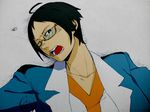  ahoge bad_id bad_pixiv_id black_hair blazer blue_eyes broken_eyewear cheren_(pokemon) glasses himuro_shinji jacket male_focus pokemon pokemon_(game) pokemon_bw shouting solo v-neck wince 