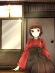  amano_myonta bangs black_hakama blunt_bangs brown_eyes brown_hair bug butterfly hakama highres insect japanese_clothes meiji_schoolgirl_uniform sayonara_zetsubou_sensei short_hair solo tsunetsuki_matoi 