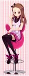  black_bow black_footwear black_legwear bow brown_eyes brown_hair bunny chair dress full_body hairband highres hyuuga_takashi idolmaster idolmaster_(classic) idolmaster_2 legs long_hair minase_iori shoe_bow shoes sitting sitting_on_object smile solo stuffed_animal stuffed_bunny stuffed_toy thighhighs 