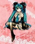  aqua_eyes aqua_hair bow detached_sleeves frills hair_bow hair_ribbon hatsune_miku long_hair necktie ribbon sitting skirt smile solo thighhighs twintails very_long_hair vocaloid yucke_(artist) zettai_ryouiki 