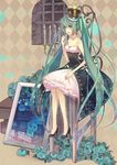  aqua_eyes bad_id bad_pixiv_id breasts candle cleavage crown dress earrings flower hatsune_miku high_heels highres jewelry long_hair medium_breasts necklace nicohi open_mouth rose shoes sitting solo strapless strapless_dress twintails very_long_hair vocaloid window 
