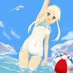  :d america arm_up armpits ball beachball bikini blonde_hair blue_eyes blush breasts cloud day dutch_angle heroman hip_bones lina_davis long_hair mecha medium_breasts navel ocean one-piece_tan open_mouth outdoors side-tie_bikini sky smile solo swimsuit tan tanline thigh_gap underboob wading wantsupanchi!! waving 