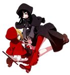  black_hair blonde_hair boots bow bowtie cape expressionless grimm's_fairy_tales little_red_riding_hood little_red_riding_hood_(grimm) long_hair multiple_girls musco red_eyes weapon 