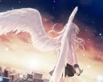  angel_beats! angel_wings bad_id bad_pixiv_id city from_behind pleated_skirt robinexile school_uniform silver_hair skirt sky solo sunset tenshi_(angel_beats!) twilight wings 