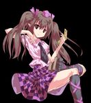  alphes_(style) brown_eyes brown_hair camera cellphone checkered checkered_skirt crossed_legs geta hair_ribbon hat himekaidou_hatate long_hair parody phone pointy_ears ribbon ryosios simple_background sitting skirt smile solo style_parody tengu-geta tokin_hat touhou twintails 