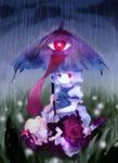  amo blonde_hair blue_eyes blue_hair glowing glowing_eyes heterochromia highres karakasa_obake medicine_melancholy multiple_girls purple_umbrella red_eyes short_hair tatara_kogasa tongue touhou umbrella 