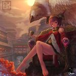  aner_(qqan00) architecture barefoot chinese cityscape cup dragon_nest east_asian_architecture feet flower griffin hat highres jewelry legs red_eyes river rose short_hair sitting throne 