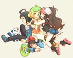  2girls ahoge baseball_cap bel_(pokemon) beret blush boots cheren_(pokemon) denim denim_shorts gen_5_pokemon hat irouha multiple_boys multiple_girls orange_legwear oshawott pantyhose pokemon pokemon_(creature) pokemon_(game) pokemon_bw ponytail short_shorts shorts smile snivy tepig touko_(pokemon) touya_(pokemon) vest wavy_hair 