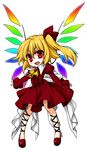  alternate_costume ankle_lace-up blonde_hair bow brooch cross-laced_footwear dress flandre_scarlet hair_bow highres jewelry kuronohana outstretched_arms red_eyes short_hair side_ponytail solo spread_arms touhou wings 