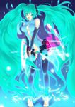  absurdres aqua_eyes aqua_hair barefoot belt bridal_gauntlets die_blonde_bestie elbow_gloves fingerless_gloves gloves hatsune_miku hatsune_miku_(append) highres long_hair necktie solo toeless_legwear twintails very_long_hair vocaloid vocaloid_append 