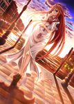  akira_ferrari aria brown_eyes cloud dutch_angle hat highres kuga_(rinkane) legs long_hair red_hair sky solo sunset uniform venezia water 