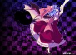  alternate_costume bat_wings blue_hair bow checkered checkered_background dress hands hat high_heels looking_up onoe_junki profile red_eyes remilia_scarlet shoes short_hair solo tiptoes touhou wings 