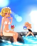  3girls alice_margatroid bikini blonde_hair blue_eyes bow bucket hair_bow hairband kirisame_marisa long_hair matching_shanghai multiple_girls rock shanghai_doll sitting soaking_feet swimsuit takara_akihito touhou water wet white_bikini 