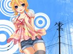  :d blonde_hair blue_eyes denim denim_shorts kagamine_rin looking_at_viewer open_mouth power_lines short_hair shorts smile solo telephone_pole thigh_gap thighhighs twintails vocaloid yayoi_(egoistic_realism) 