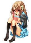  book brown_eyes brown_hair copyright_request kneehighs manga_(object) school_uniform sitting skirt socks solo tibino 