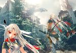  1girl bow bow_(weapon) breasts building hair_bow hair_ribbon long_hair medium_breasts original overgrown red_eyes redjuice ribbon ruins scarf sideboob sword tree weapon white_hair 