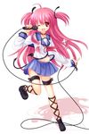  angel_beats! ankle_lace-up belly_peek cross-laced_footwear demon_tail long_hair looking_at_viewer microphone midriff miniskirt nakada_rumi navel one_eye_closed pink_eyes pink_hair school_uniform skirt standing standing_on_one_leg tail two_side_up yui_(angel_beats!) 
