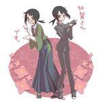  black_hair clone cosplay crossdressing embarrassed flower gakuran glasses grey_eyes hair_ornament itoshiki_nozomu itoshiki_nozomu_(cosplay) japanese_clothes kaga_ai kimono mole mole_under_eye ponytail pose sayonara_zetsubou_sensei school_uniform shoes short_hair shosei sleeves_past_wrists topeko translated uwabaki 