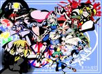  bat_wings blonde_hair blue_eyes blue_hair bow braid cirno copyright_name crescent crescent_hair_ornament daiyousei flandre_scarlet green_eyes hair_bow hair_ornament hair_ribbon hat highres hong_meiling izayoi_sakuya kashuu_(b-q) koakuma long_hair maid maid_headdress moon multiple_girls open_mouth outstretched_arms patchouli_knowledge purple_eyes purple_hair red_eyes red_hair remilia_scarlet ribbon rumia scarlet_devil_mansion short_hair silver_hair smile the_embodiment_of_scarlet_devil touhou twin_braids wings 