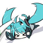  &gt;_&lt; ahoge animal_ears aqua_hair bad_id bad_pixiv_id blush_stickers cat_ears cat_tail chibi closed_eyes detached_sleeves falling hatsune_miku kemonomimi_mode long_hair mizuki_(koko_lost) simple_background solo spring_onion tail thighhighs twintails very_long_hair vocaloid 