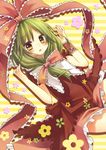  amane_kurumi blush bow dress flower frills front_ponytail green_eyes green_hair hair_bow hair_ribbon highres kagiyama_hina lying on_back open_mouth red_dress ribbon solo staring striped striped_background touhou wrist_ribbon 