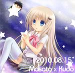  1girl 2010 ali_(maidoari) blonde_hair blue_eyes bow character_name chibi dated inohara_masato little_busters! long_hair noumi_kudryavka pink_bow school_uniform star thighhighs 