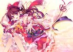  bow brown_hair cherry_blossoms detached_sleeves embellished_costume frills gathers hair_bow hair_ornament hakurei_reimu hand_on_own_chest hands open_mouth outstretched_hand petals red_eyes red_hair ribbon sayagata shinia skirt smile solo tassel touhou wide_sleeves 