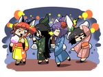  =_= alternate_hairstyle animal_ears bunny_ears bunny_tail cotton_candy dancing eating eyebrows festival food food_on_face hecktop inaba_tewi japanese_clothes kaenbyou_rin kimono multiple_girls reisen_udongein_inaba reiuji_utsuho tail touhou wings 