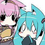  animal_ears aqua_hair bad_id bad_pixiv_id blush_stickers cat_ears chibi detached_sleeves hatsune_miku kemonomimi_mode long_hair megurine_luka midriff mizuki_(koko_lost) multiple_girls navel open_mouth pink_hair tears twintails vocaloid 