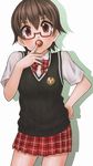  alternate_costume brown_eyes brown_hair food fruit glasses k-on! landolt_tamaki manabe_nodoka mouth_hold plaid plaid_skirt red-framed_eyewear school_uniform semi-rimless_eyewear short_hair skirt solo strawberry sweater_vest under-rim_eyewear 