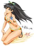  aqua_eyes bikini black_hair can ganaha_hibiki high_ponytail idolmaster idolmaster_(classic) kneeling long_hair measurements monocoque navel pocari_sweat ponytail sandals soda_can solo starfish swimsuit 