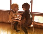  1girl child classroom desk indoors mizu_asato original pantyhose school_desk school_uniform sunset 