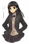  amagami ayatsuji_tsukasa black_eyes black_hair black_jacket black_skirt jacket kibito_high_school_uniform long_hair long_sleeves piaisai pleated_skirt school_uniform skirt smile solo 