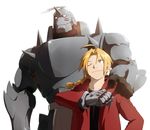  ahoge akihiro_(a2) alphonse_elric armor blonde_hair braid brothers edward_elric full_armor fullmetal_alchemist hand_on_shoulder highres one_eye_closed siblings simple_background 