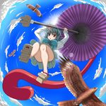  bird blue_eyes blue_hair breasts dress eagle from_below heterochromia highres kado karakasa_obake large_breasts oriental_umbrella pleated_skirt purple_umbrella red_eyes sandals short_hair skirt solo sun tatara_kogasa tongue touhou umbrella 