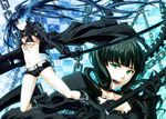  2girls absurdres arm_cannon bikini_top black_hair black_rock_shooter black_rock_shooter_(character) blue_eyes boots chain chains coat dead_master glowing glowing_eyes green_eyes highres horns ihara_natsume long_hair midriff multiple_girls navel scar shorts smile sword twintails very_long_hair weapon 