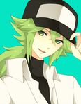  bad_id bad_pixiv_id baseball_cap green_eyes green_hair hat hat_tip male_focus monaco_(rmn02) n_(pokemon) pokemon pokemon_(game) pokemon_bw ponytail smirk solo turtleneck 