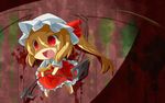  alternate_wings bad_id bad_pixiv_id blonde_hair blood bow chibi eiri_(eirri) fang flandre_scarlet hat highres laevatein necktie open_mouth red_eyes short_hair side_ponytail solo touhou vampire wings 