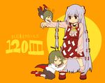  adapted_costume antennae blush_stickers bow cape chibi circle cosplay dual_persona frown fujiwara_no_mokou hair_bow hug kazami_yuuka kazami_yuuka_(cosplay) lavender_hair long_hair mary_janes mogumogu_fuyoudo multi-tied_hair multiple_girls orange_background pleated_skirt ribbon shoes simple_background skirt skirt_set smile socks touhou translation_request very_long_hair vest wriggle_nightbug 