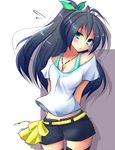  aqua_eyes black_hair casual ganaha_hibiki highres idolmaster idolmaster_(classic) idolmaster_2 long_hair natsu_(anta_tte_hitoha) ponytail solo thighhighs 