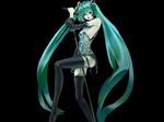  aqua_hair bad_id bad_pixiv_id boots breasts detached_sleeves hand_on_thigh hatsune_miku idsuru legs long_hair medium_breasts microphone microphone_stand necktie open_mouth sideboob simple_background skirt solo thigh_boots thighhighs twintails very_long_hair vocaloid 