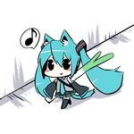  :&gt; animal_ears aqua_hair bad_id bad_pixiv_id blush_stickers cat_ears cat_tail chibi detached_sleeves hatsune_miku kemonomimi_mode long_hair mizuki_(koko_lost) musical_note necktie simple_background skirt solo spring_onion tail thighhighs twintails very_long_hair vocaloid walking 