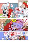  !! &gt;_&lt; /\/\/\ 4girls :3 apron arms_up bat_wings batman batman_(cosplay) batman_(series) blonde_hair bow braid breasts closed_eyes comic cosplay dc_comics fang flandre_scarlet flying_sweatdrops hair_bow hat hat_bow hong_meiling izayoi_sakuya karaagetarou kiss lavender_hair long_hair maid maid_apron maid_headdress medium_breasts mob_cap multiple_girls o3o one_eye_closed red_eyes red_hair remilia_scarlet short_hair silver_hair simple_background spoken_exclamation_mark sweat touhou translated twin_braids wings yuri 